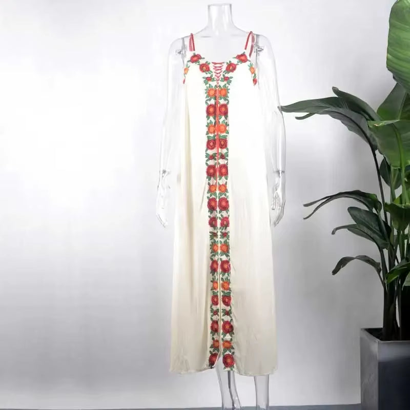 Summer Dresses Strapless Floral Embroidery Sexy White Maxi Dress Long Women Dresses Hippie Chic Vestido Robes