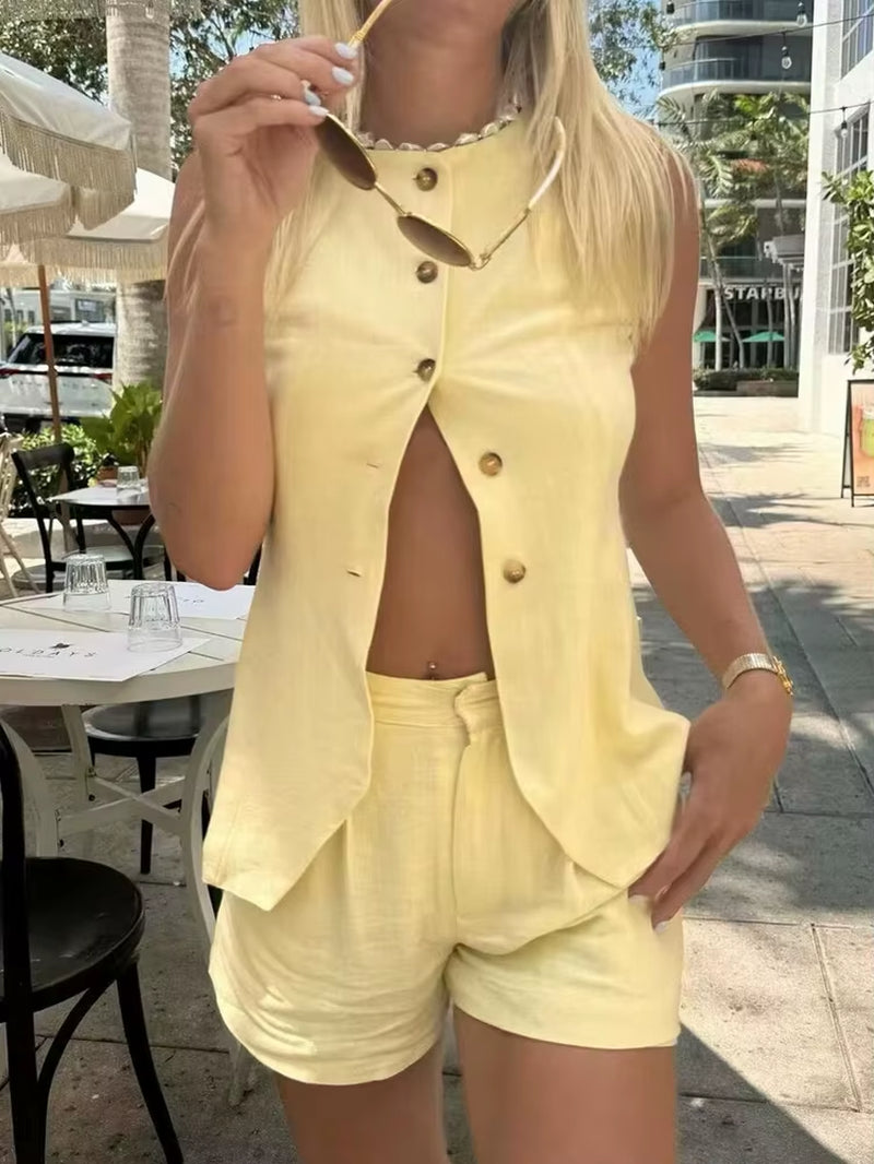 2024 Summer Women'S Suit Female O-Neck Sleeveless Long Vest + Mini Shorts Sets for Women 2 Pieces Lady Elegant Outfits