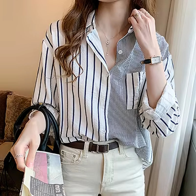 Striped Casual Pockets Long Sleeve Shirt Women Cotton Blouse Ladies Clothes 2022 Button Womens Tops Chemisier Femme