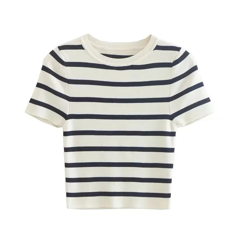 Vintage Women Y2K Stripped Cropped T-Shirts for Girls Slim Knitted Short Tees Sweet Tops Chic Clothes