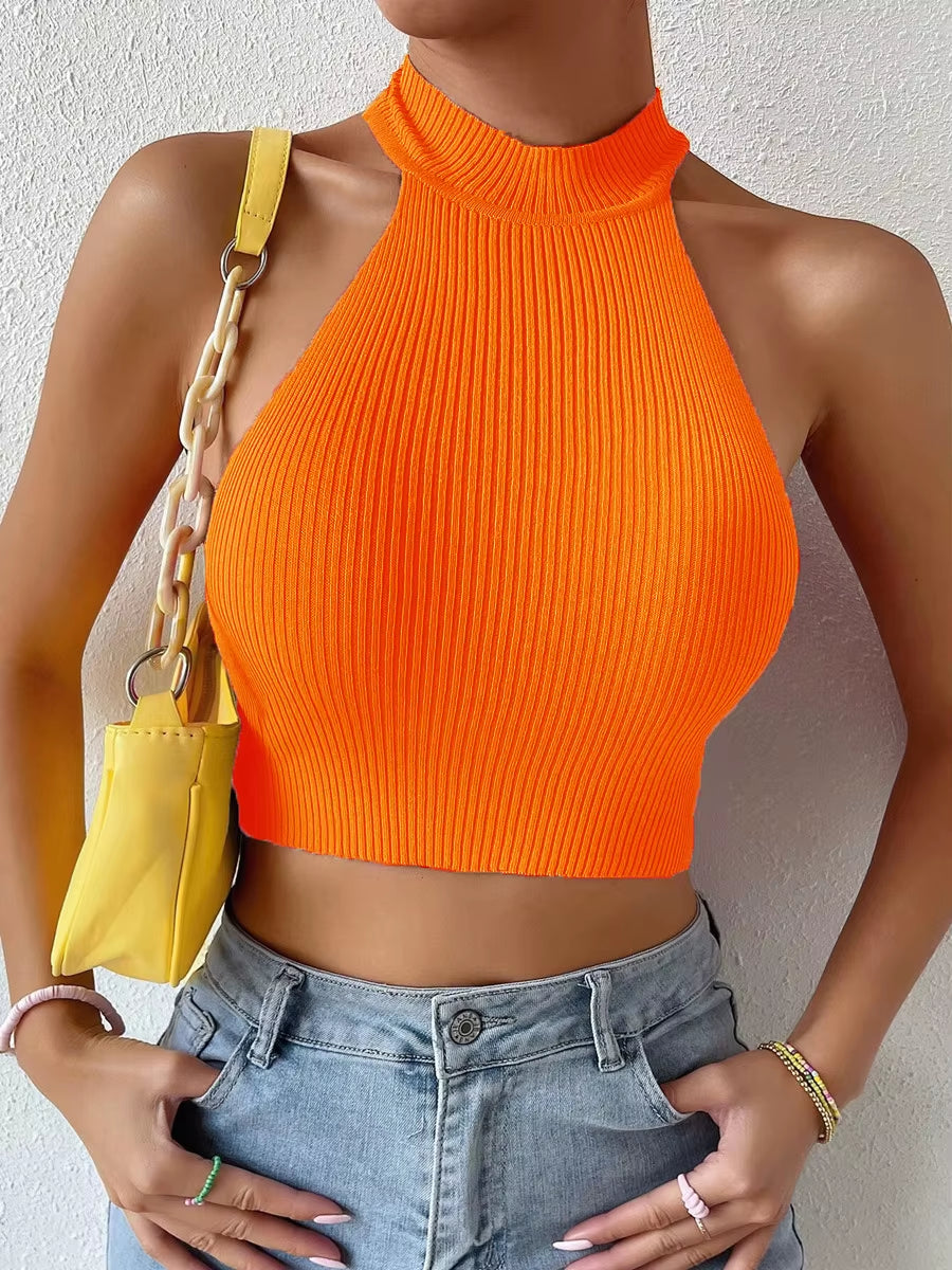 2025 Summer Fashion Women Basics Casual Knit Sleeveless Corset Halter Crossfit Crop Top Y2K Clothes Femme Stretch Sweater Tank