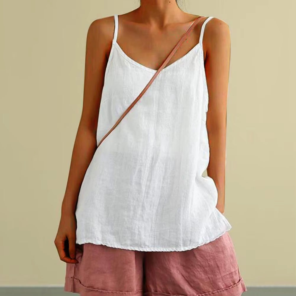 Women'S Summer Top Cotton Linen Spaghetti Strap Top V-Neck Sleeveless Loose Women Vest Sexy Sling Blouse Top Female Clothing