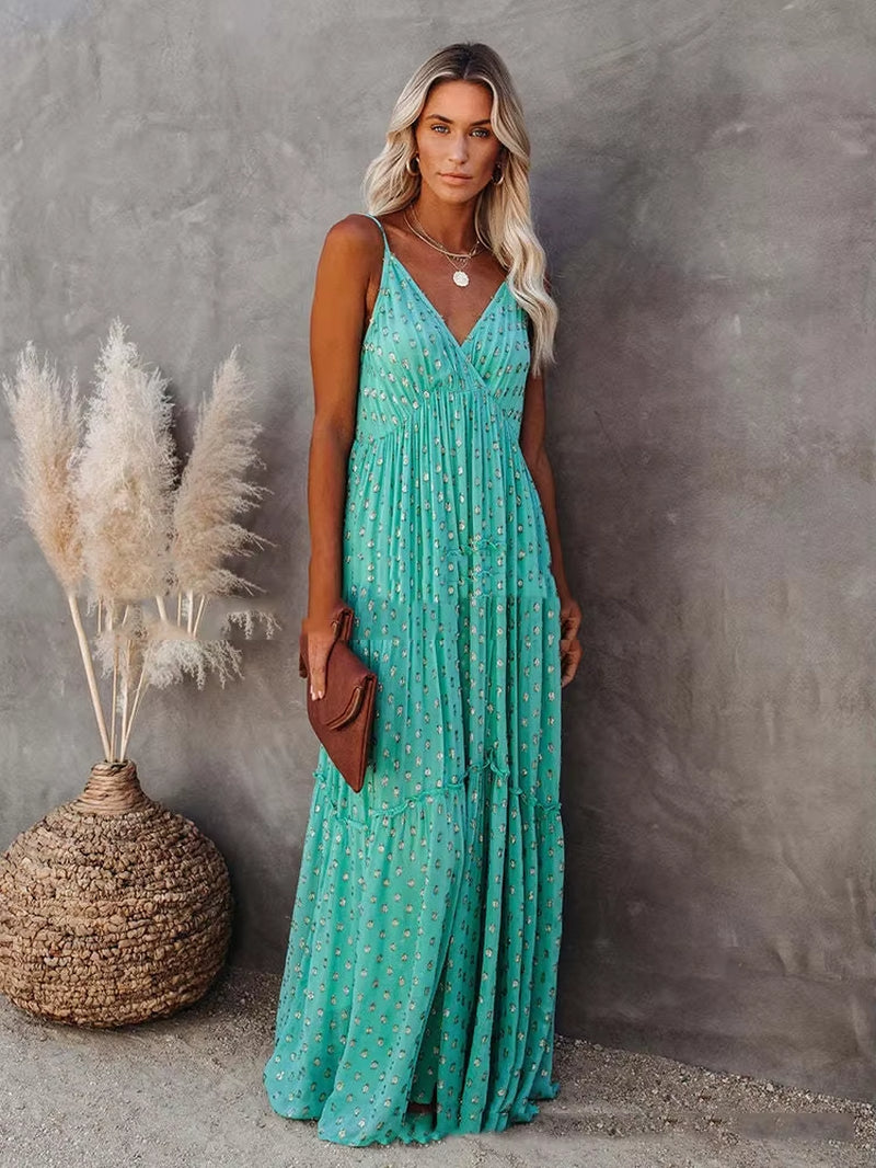 Women’S Summer Maxi Dress – Sleeveless V-Neck Spaghetti Strap Backless Boho Beach Dress, Pleated Loose Long Sundress