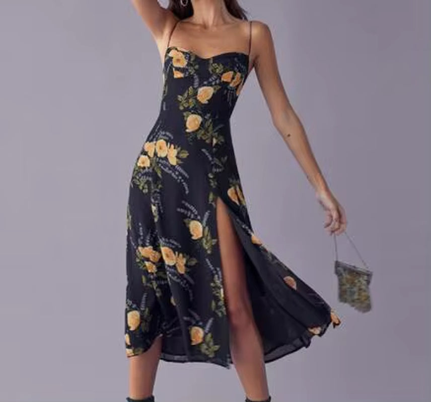2025 Women Summer Spaghetti Strap Midi Dressweanavy Floral Print Dres Sexy Split Vestidos Global