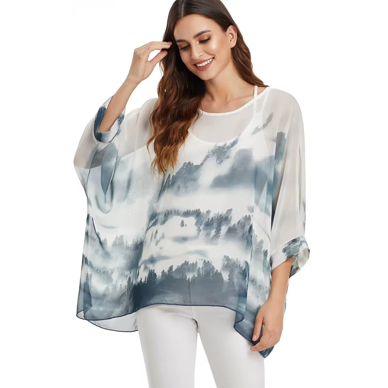 White Blouse Shirt Women Fashion Batwing Casual Summer Tops Tees Ladies Print Chiffon Blouses Streetwear plus Size