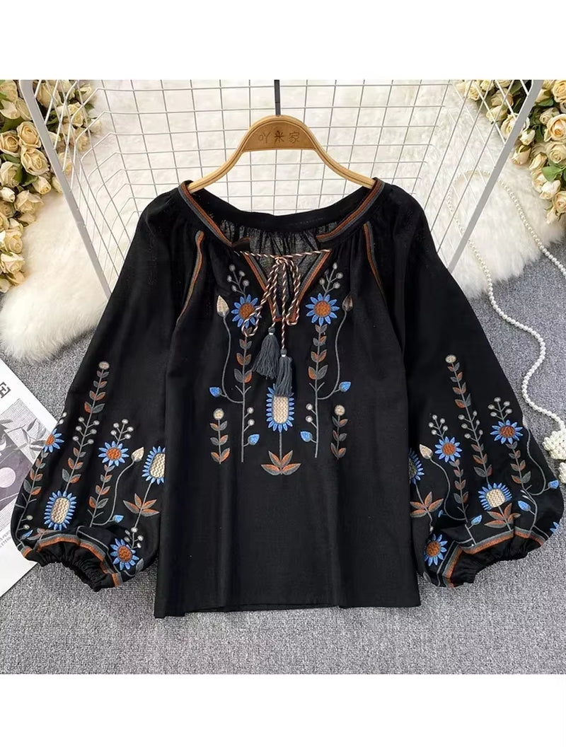 Women Spring Blouse Ethnic Style Retro Literature Loose Embroidered Cotton Linen round Neck Pullover Shirt Casual Top D3549