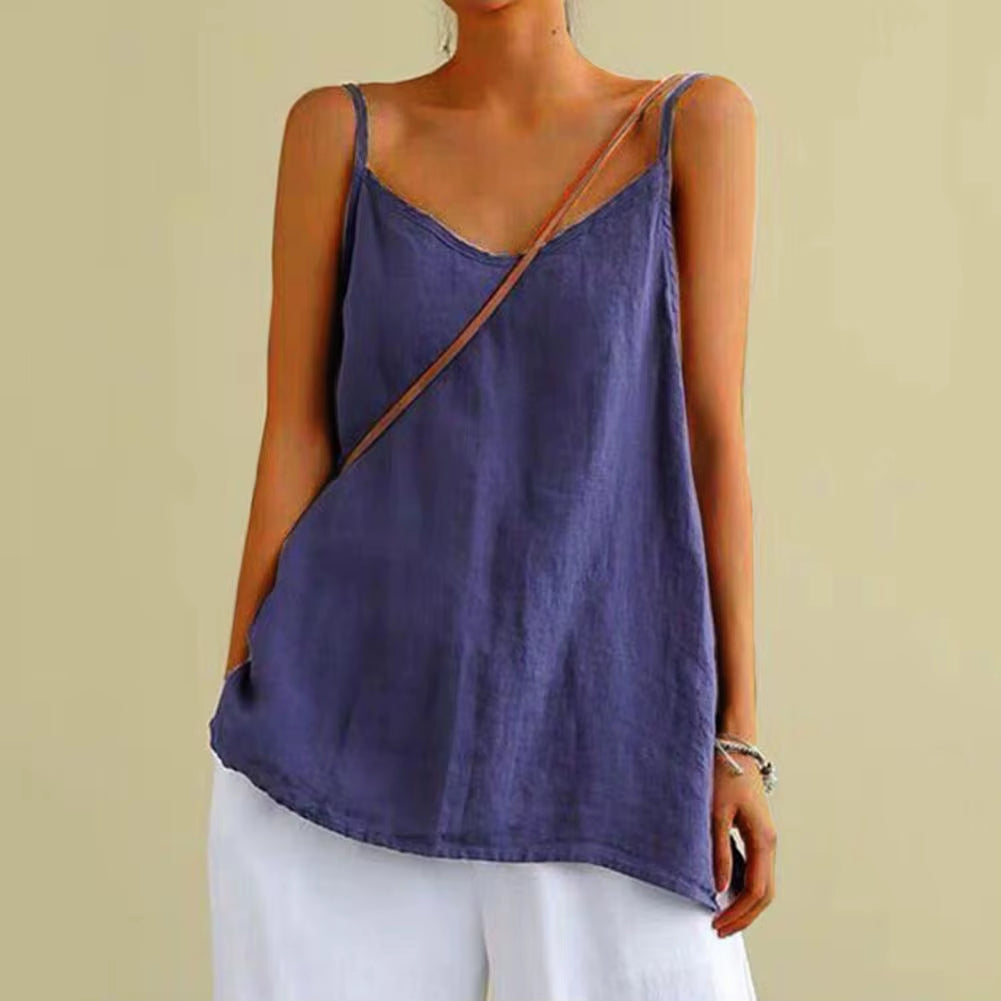 Women'S Summer Top Cotton Linen Spaghetti Strap Top V-Neck Sleeveless Loose Women Vest Sexy Sling Blouse Top Female Clothing
