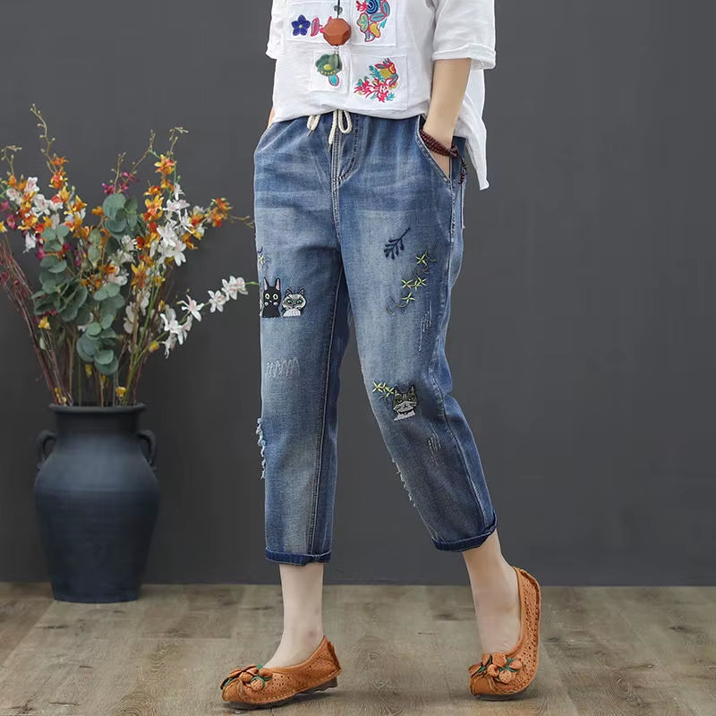 Baggy Jeans Women High Waist plus Size Mom Ladies Jeans Trousers Denim Embroidery Loose Ankle Length Harem Pants Elastic Waist