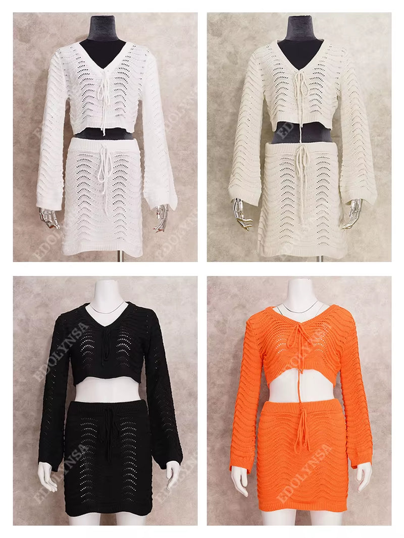 2025 Crochet 2 Pieces Sets Dress Bikini Cover-Ups Sexy Straped Top Short Skirts Summer Women Beach Wear Swim Suit Cover up A1763