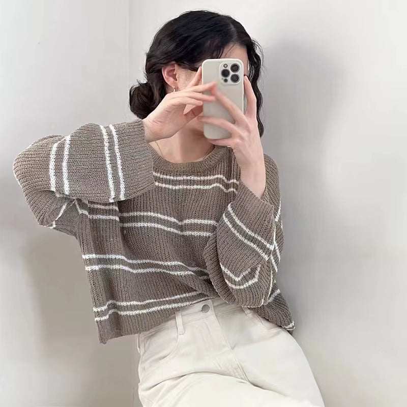 Women'S Sun Protection Clothing Tops round Neck Sweaters Striped Long Sleeved Hollowed Out Sun Protection