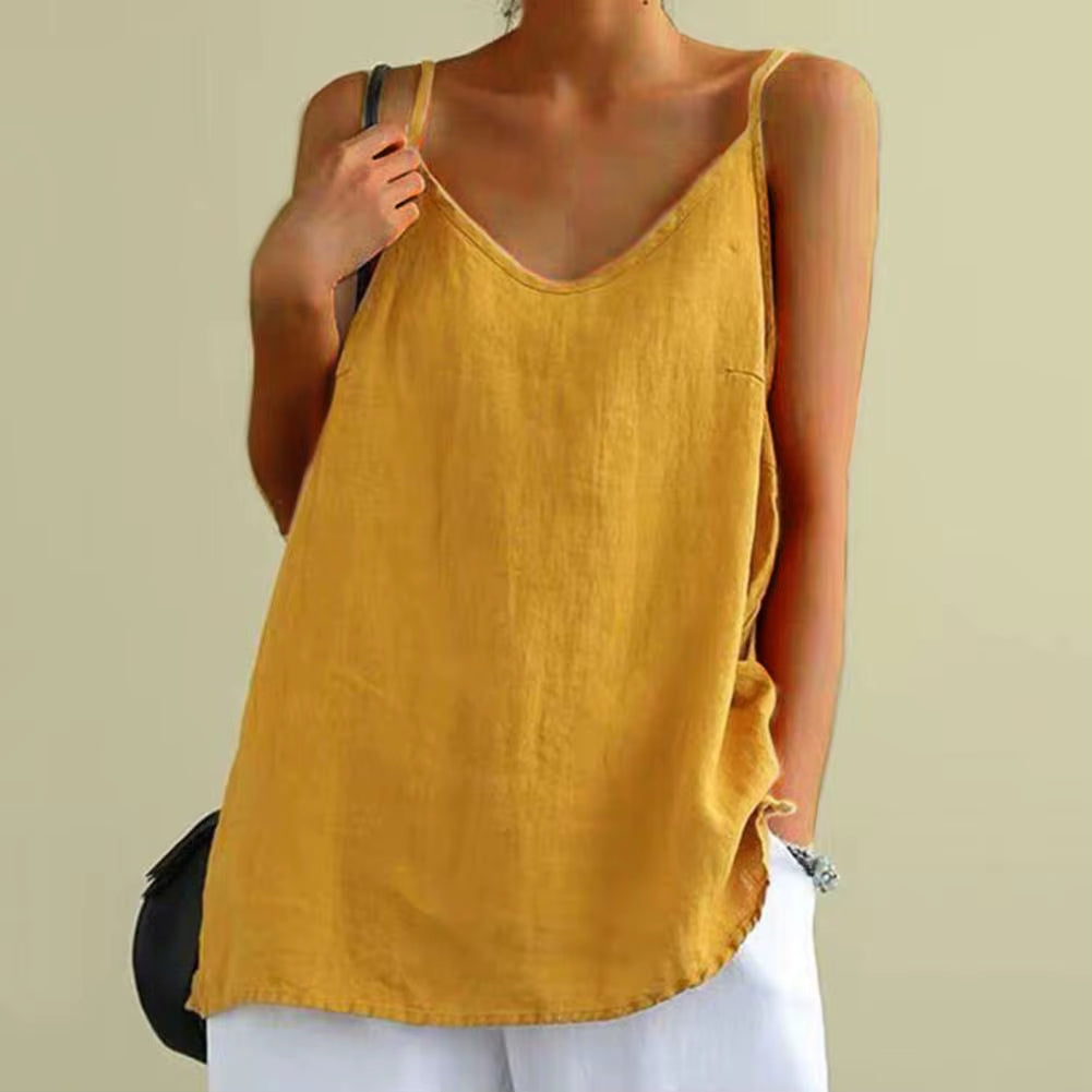 Women'S Summer Top Cotton Linen Spaghetti Strap Top V-Neck Sleeveless Loose Women Vest Sexy Sling Blouse Top Female Clothing