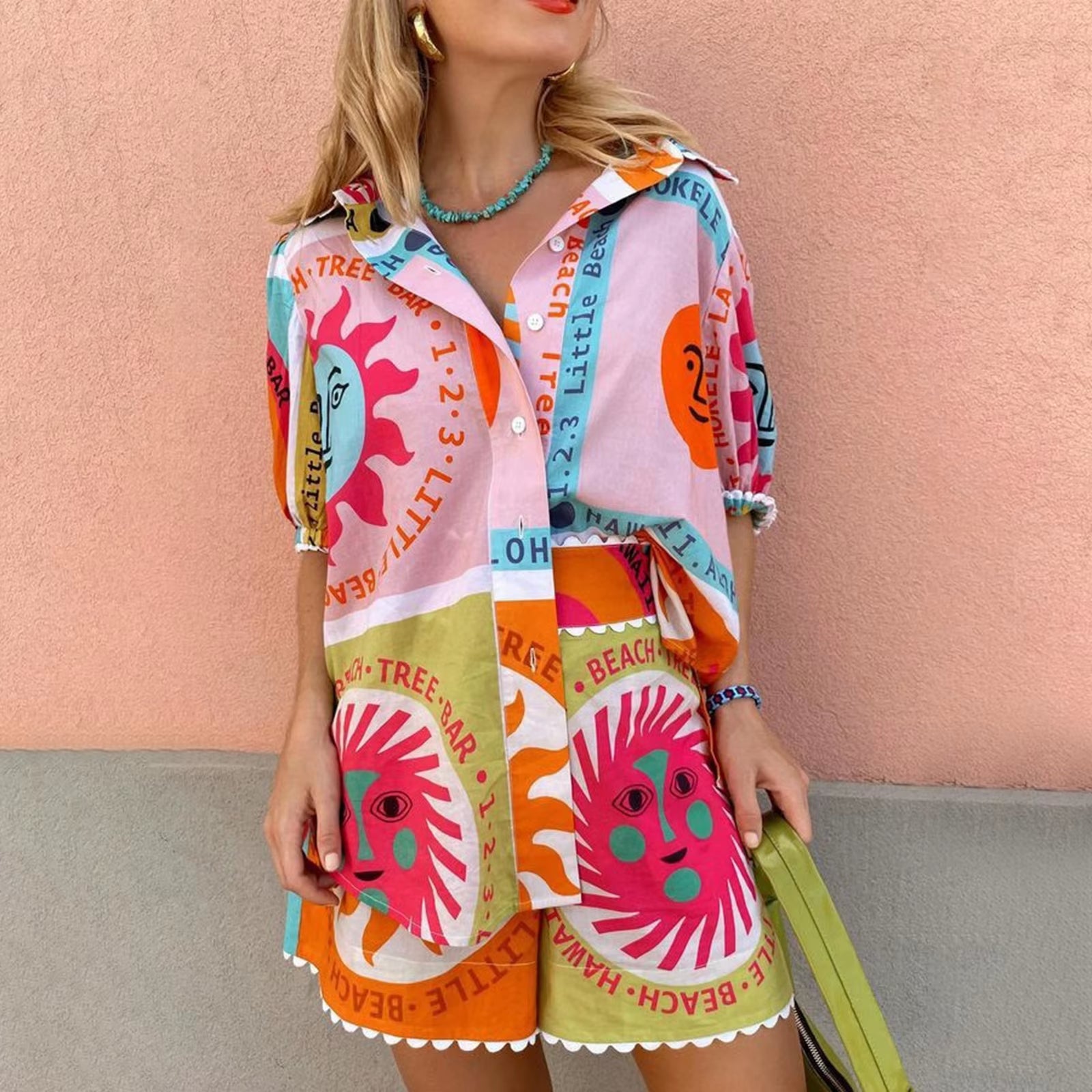 Women Summer Shorts Outfits Y2K Vintage Sun Print Short Sleeve Shirts Tops Elastic Waist Shorts Holiday 2 Pieces Clothes Set