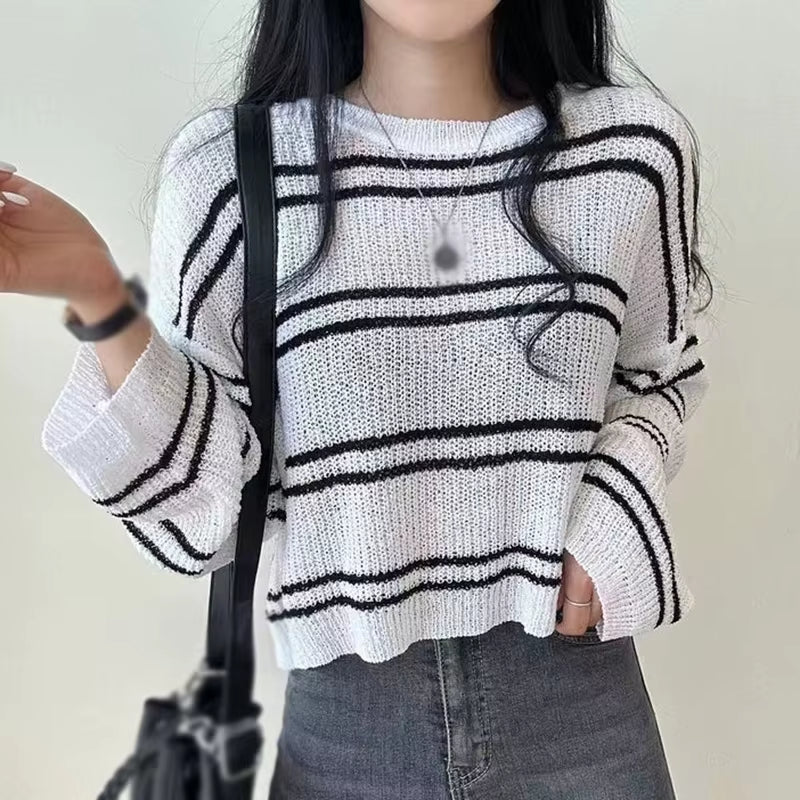 Women'S Sun Protection Clothing Tops round Neck Sweaters Striped Long Sleeved Hollowed Out Sun Protection