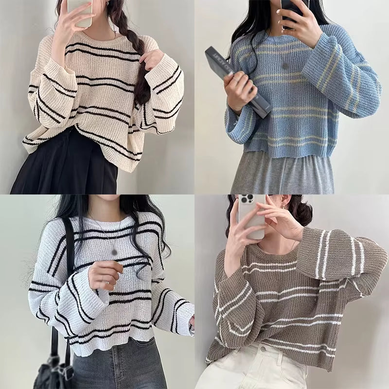 Women'S Sun Protection Clothing Tops round Neck Sweaters Striped Long Sleeved Hollowed Out Sun Protection