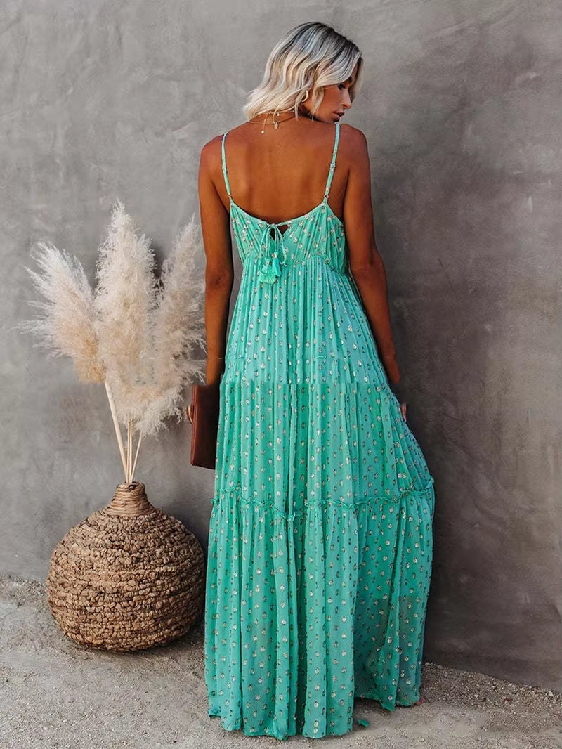 Women’S Summer Maxi Dress – Sleeveless V-Neck Spaghetti Strap Backless Boho Beach Dress, Pleated Loose Long Sundress