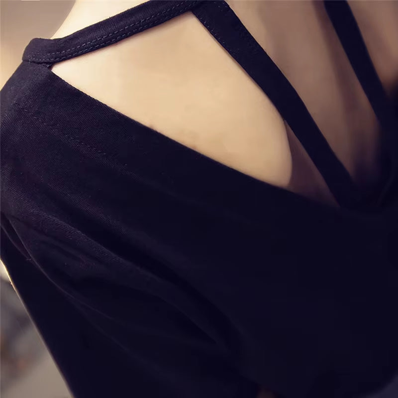 Sexy Backless Hollow Out T-Shirt Tops Women Summer Short Sleeve Solid Color Loose T Shirt Casual plus Size Tee Shirt Femme