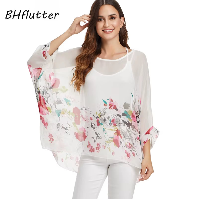 White Blouse Shirt Women Fashion Batwing Casual Summer Tops Tees Ladies Print Chiffon Blouses Streetwear plus Size
