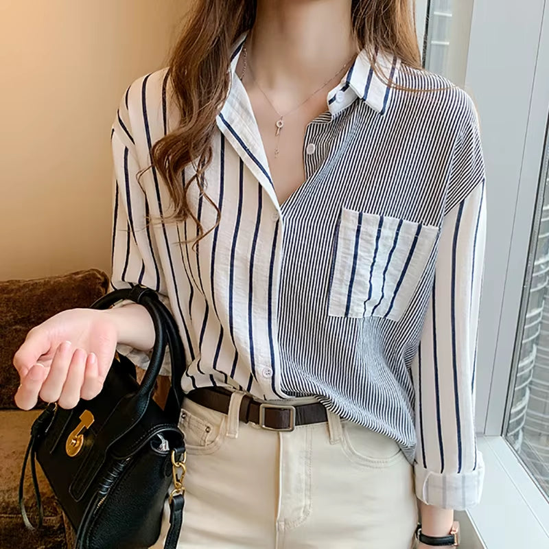 Striped Casual Pockets Long Sleeve Shirt Women Cotton Blouse Ladies Clothes 2022 Button Womens Tops Chemisier Femme