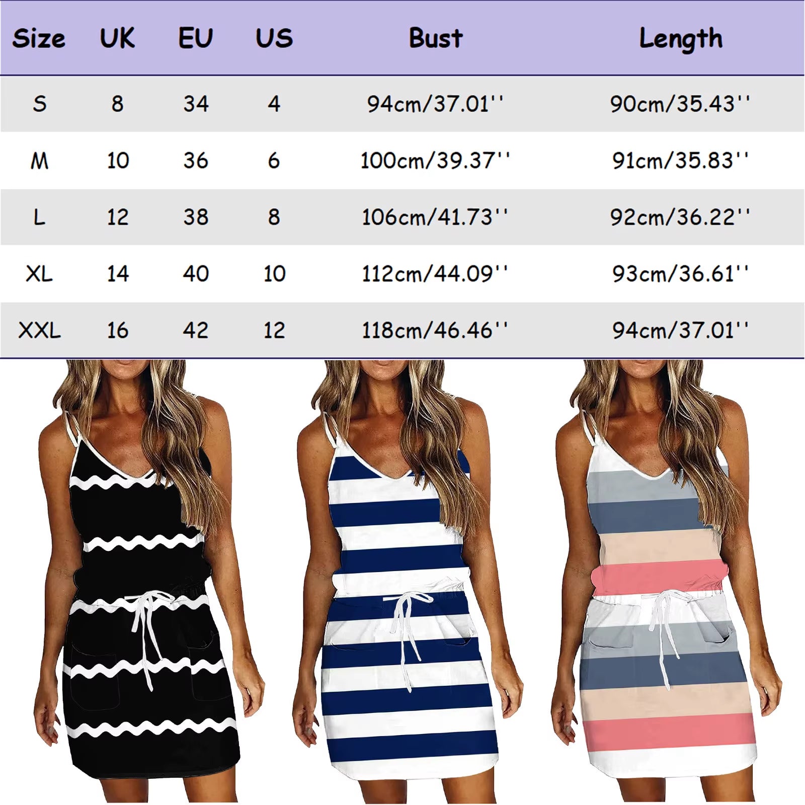 Women Fashion Striped Beach Dress Sexy V Neck Sleeveless Backless Dress Drawstring Spaghetti Strap Short Dresses Summer Sundress