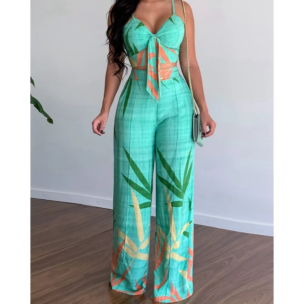 Summer Women Tropical Print Spaghetti Strap Casual Lace up Back Top &High Waist Pants Set 2 Pieces Suit Sets 2023 Woman Clothing