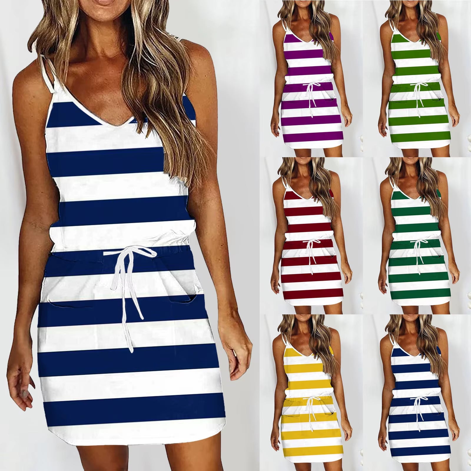 Women Fashion Striped Beach Dress Sexy V Neck Sleeveless Backless Dress Drawstring Spaghetti Strap Short Dresses Summer Sundress