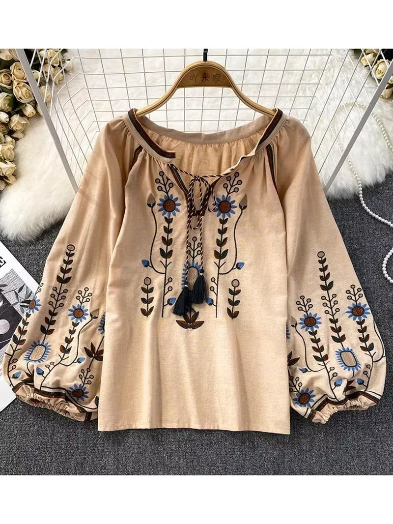 Women Spring Blouse Ethnic Style Retro Literature Loose Embroidered Cotton Linen round Neck Pullover Shirt Casual Top D3549