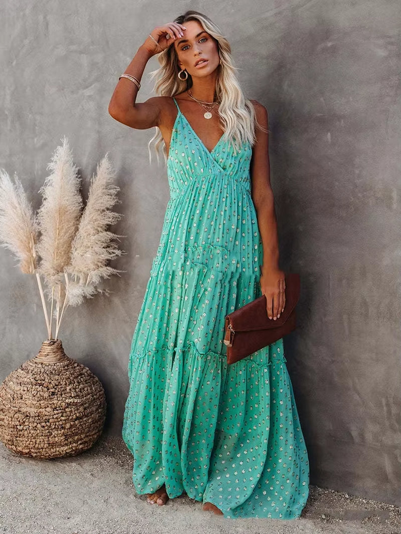 Women’S Summer Maxi Dress – Sleeveless V-Neck Spaghetti Strap Backless Boho Beach Dress, Pleated Loose Long Sundress