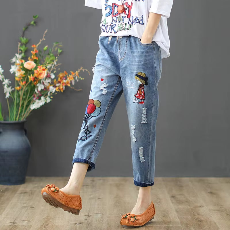 Baggy Jeans Women High Waist plus Size Mom Ladies Jeans Trousers Denim Embroidery Loose Ankle Length Harem Pants Elastic Waist