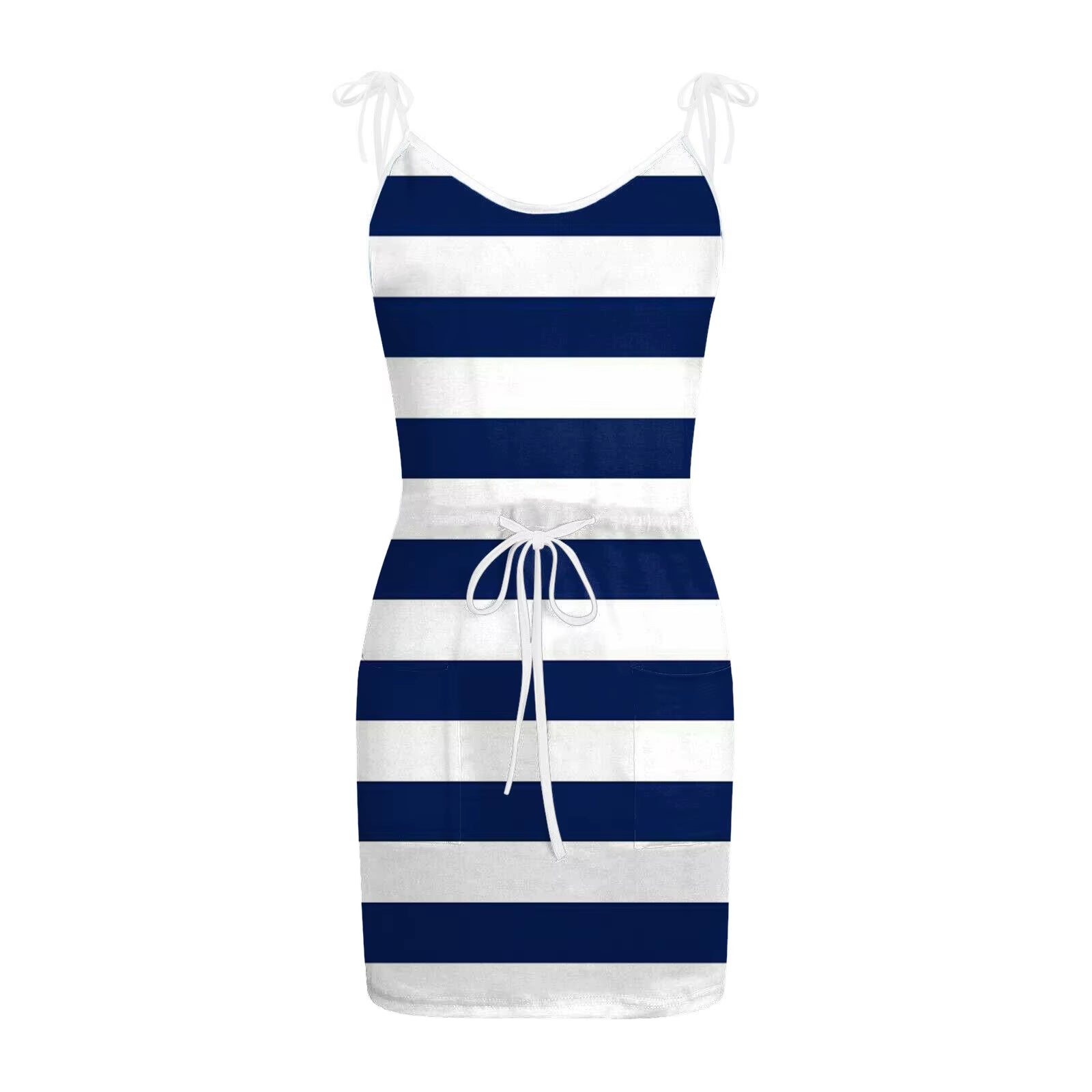 Women Fashion Striped Beach Dress Sexy V Neck Sleeveless Backless Dress Drawstring Spaghetti Strap Short Dresses Summer Sundress