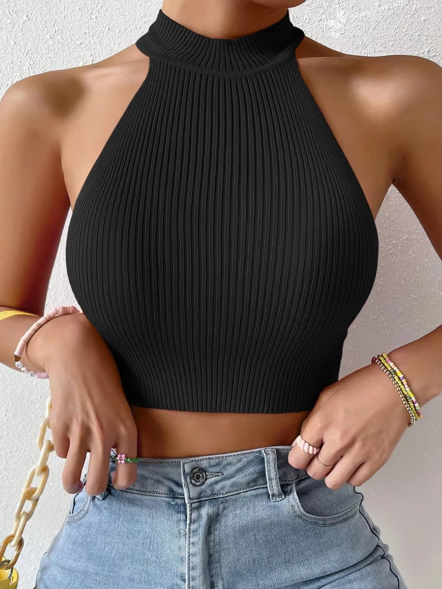 2025 Summer Fashion Women Basics Casual Knit Sleeveless Corset Halter Crossfit Crop Top Y2K Clothes Femme Stretch Sweater Tank