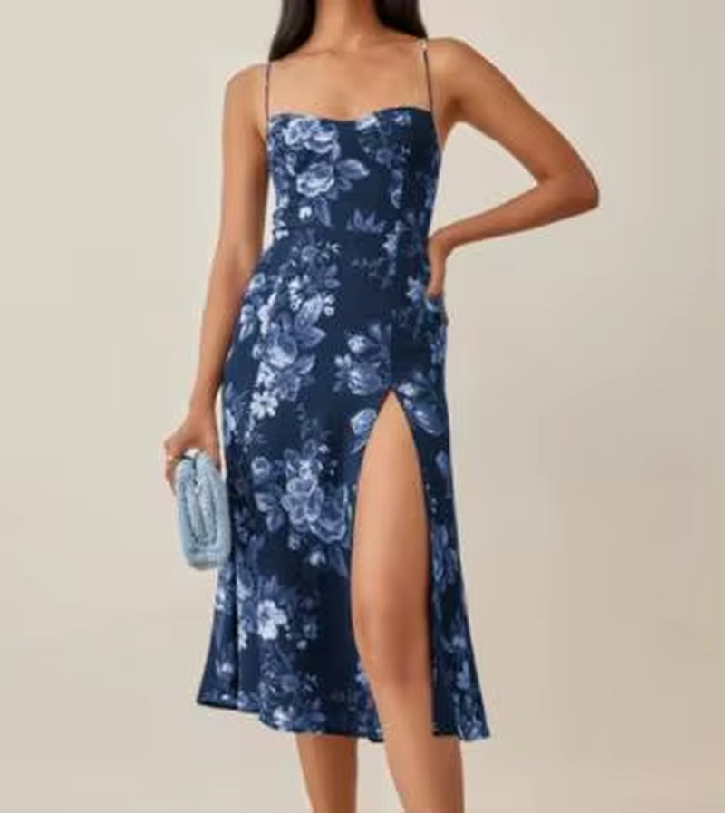 2025 Women Summer Spaghetti Strap Midi Dressweanavy Floral Print Dres Sexy Split Vestidos Global