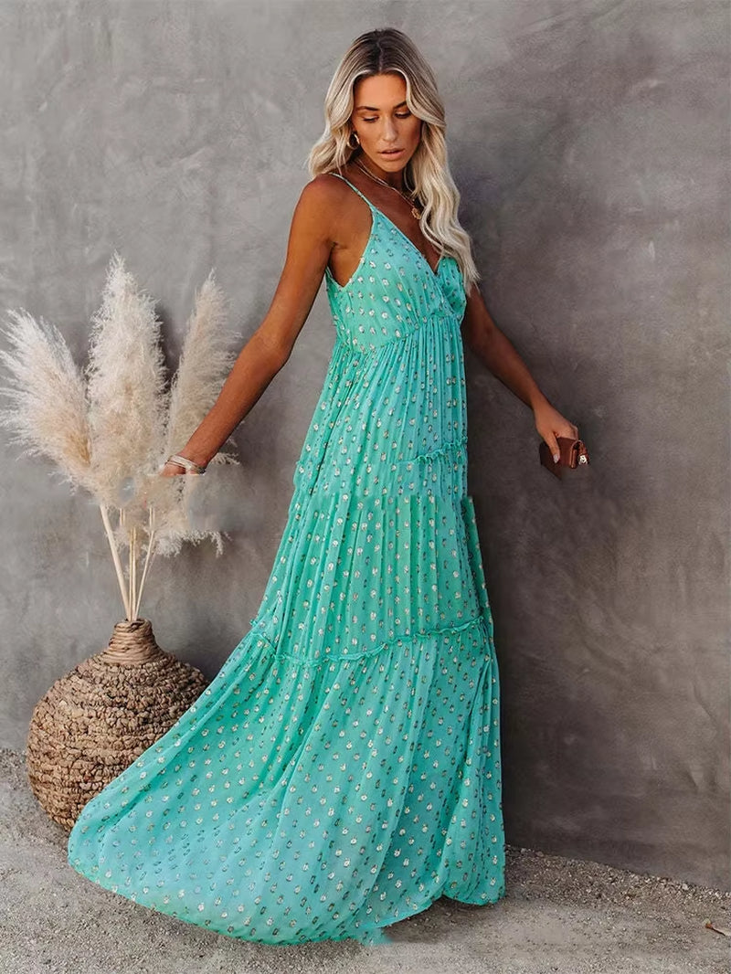 Women’S Summer Maxi Dress – Sleeveless V-Neck Spaghetti Strap Backless Boho Beach Dress, Pleated Loose Long Sundress