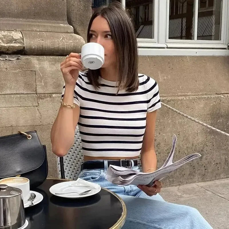 Vintage Women Y2K Stripped Cropped T-Shirts for Girls Slim Knitted Short Tees Sweet Tops Chic Clothes