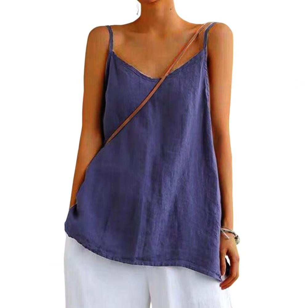 Women'S Summer Top Cotton Linen Spaghetti Strap Top V-Neck Sleeveless Loose Women Vest Sexy Sling Blouse Top Female Clothing