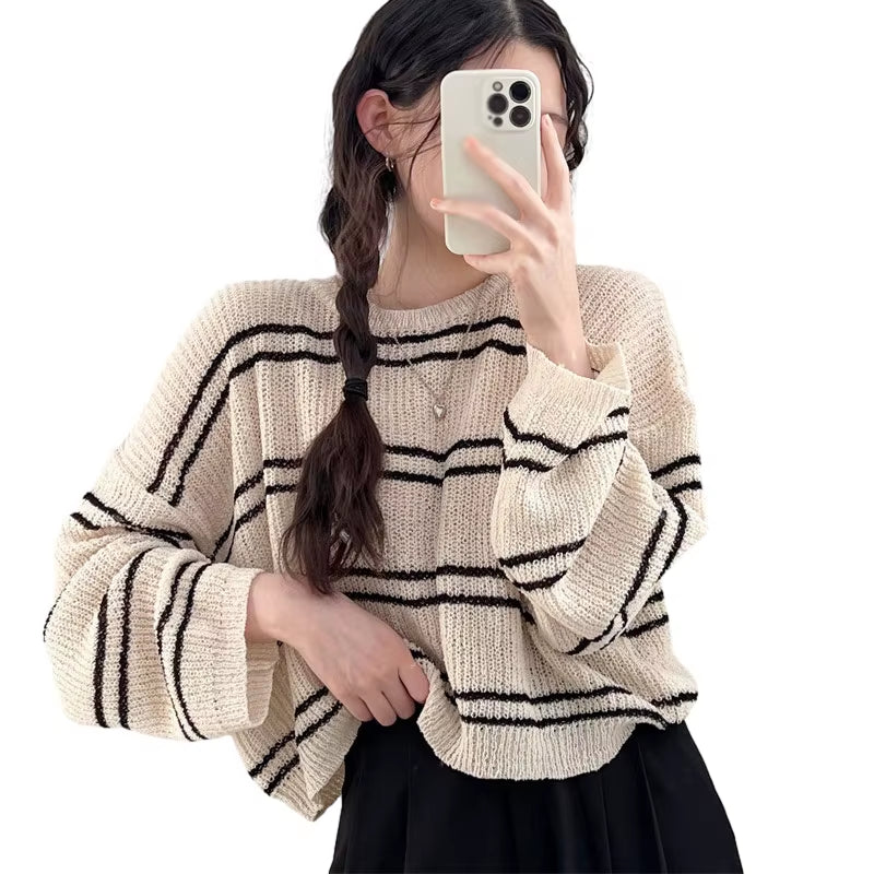 Women'S Sun Protection Clothing Tops round Neck Sweaters Striped Long Sleeved Hollowed Out Sun Protection