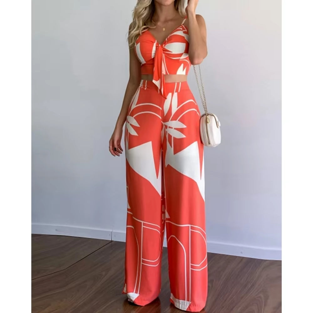 Summer Women Tropical Print Spaghetti Strap Casual Lace up Back Top &High Waist Pants Set 2 Pieces Suit Sets 2023 Woman Clothing