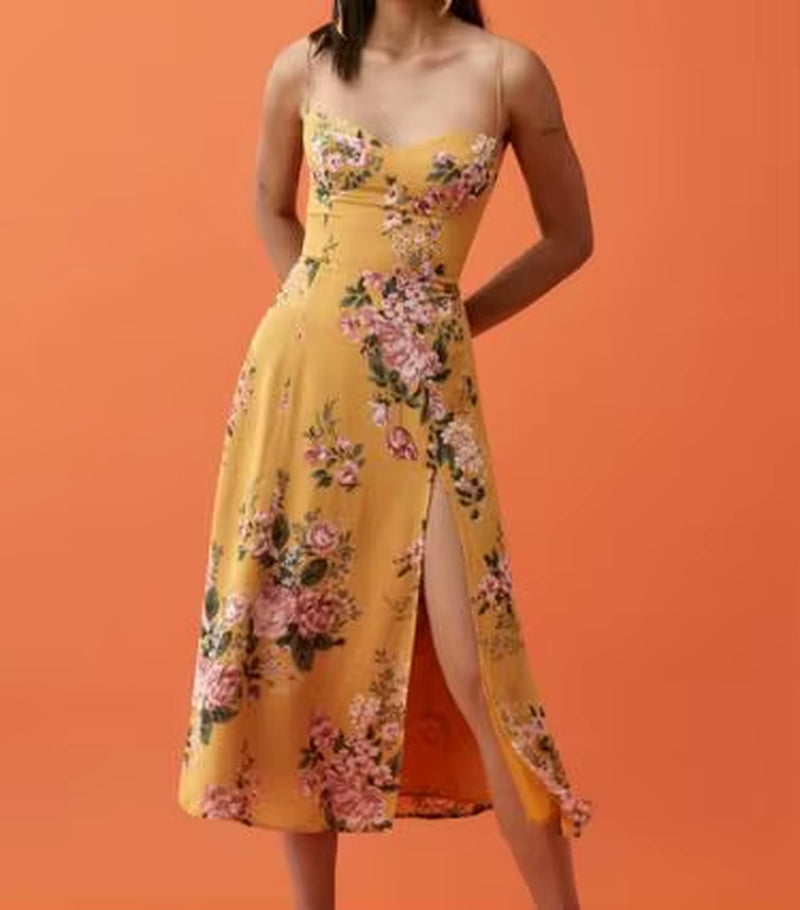 2025 Women Summer Spaghetti Strap Midi Dressweanavy Floral Print Dres Sexy Split Vestidos Global
