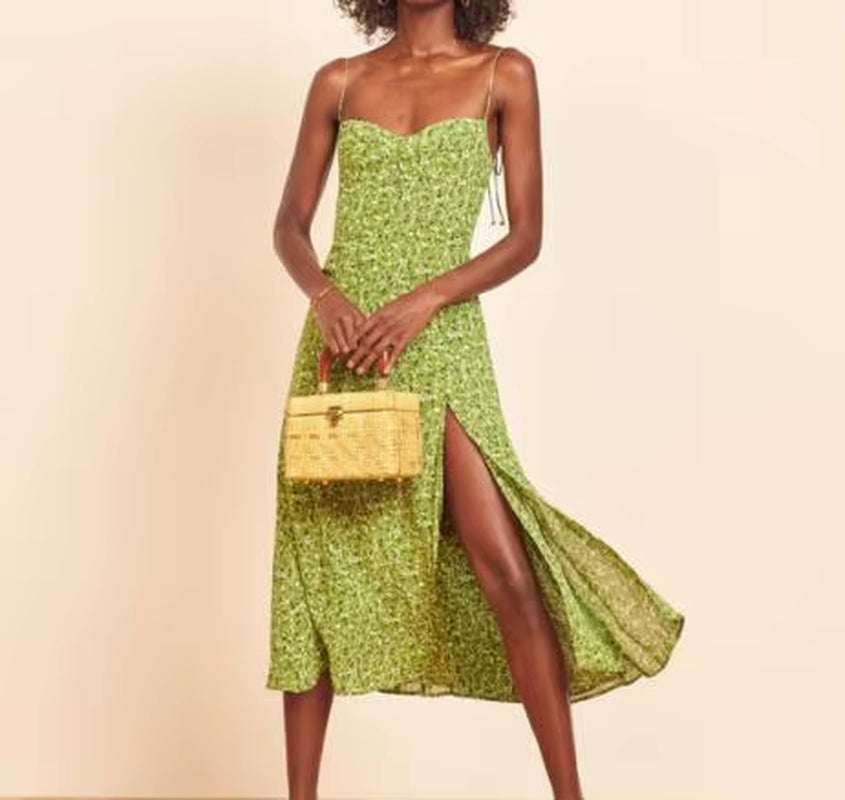 2025 Women Summer Spaghetti Strap Midi Dressweanavy Floral Print Dres Sexy Split Vestidos Global