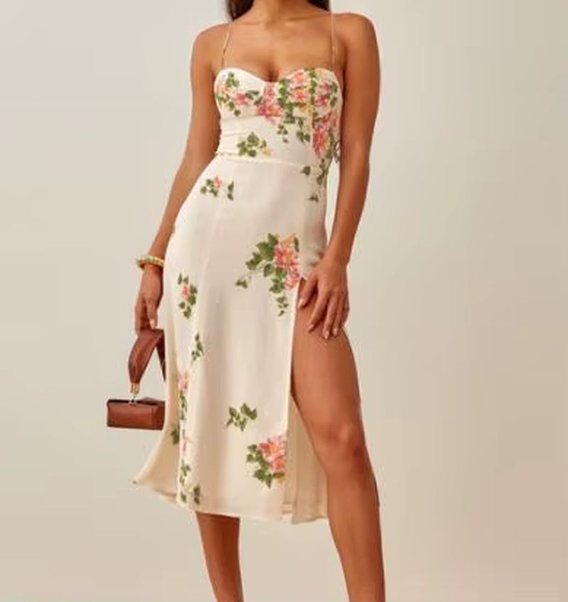 2025 Women Summer Spaghetti Strap Midi Dressweanavy Floral Print Dres Sexy Split Vestidos Global