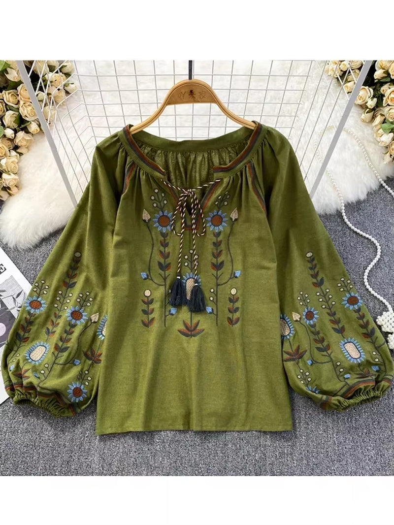 Women Spring Blouse Ethnic Style Retro Literature Loose Embroidered Cotton Linen round Neck Pullover Shirt Casual Top D3549