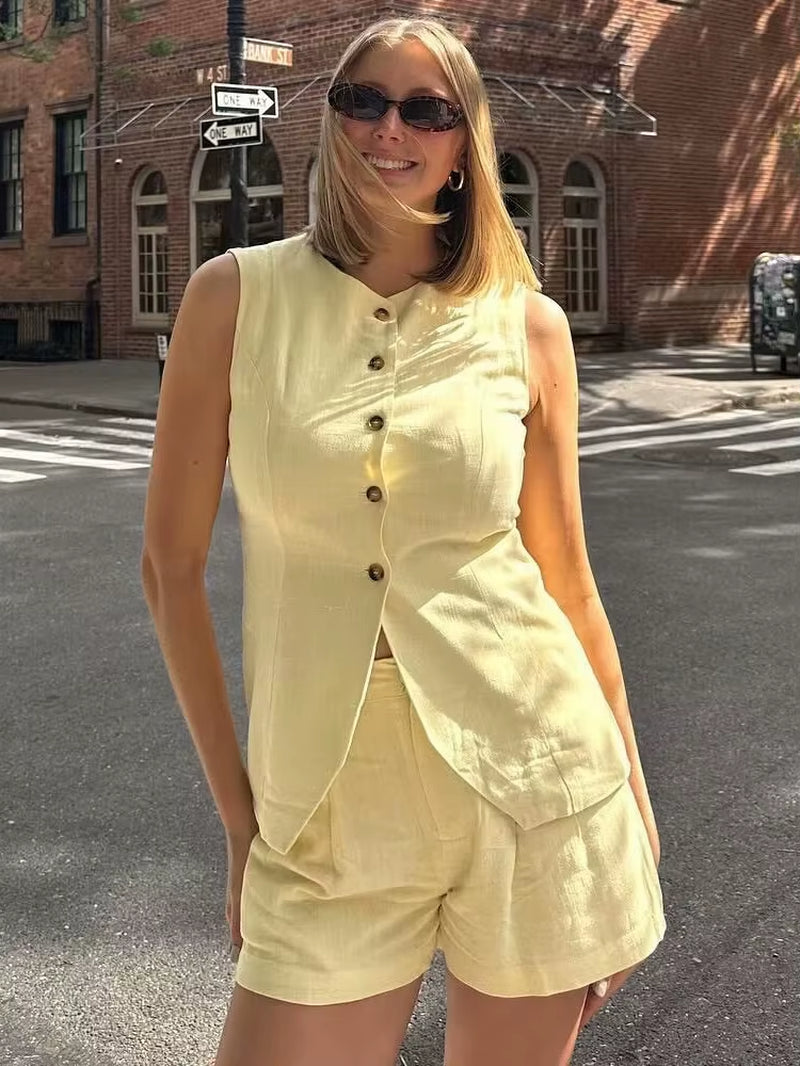 2024 Summer Women'S Suit Female O-Neck Sleeveless Long Vest + Mini Shorts Sets for Women 2 Pieces Lady Elegant Outfits