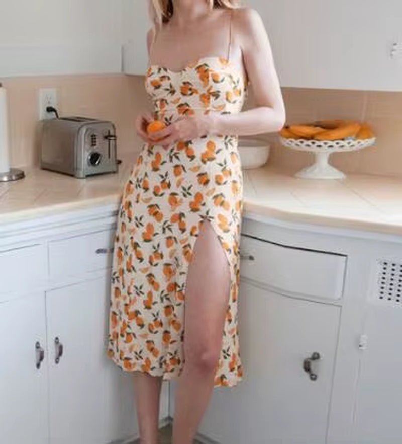 2025 Women Summer Spaghetti Strap Midi Dressweanavy Floral Print Dres Sexy Split Vestidos Global