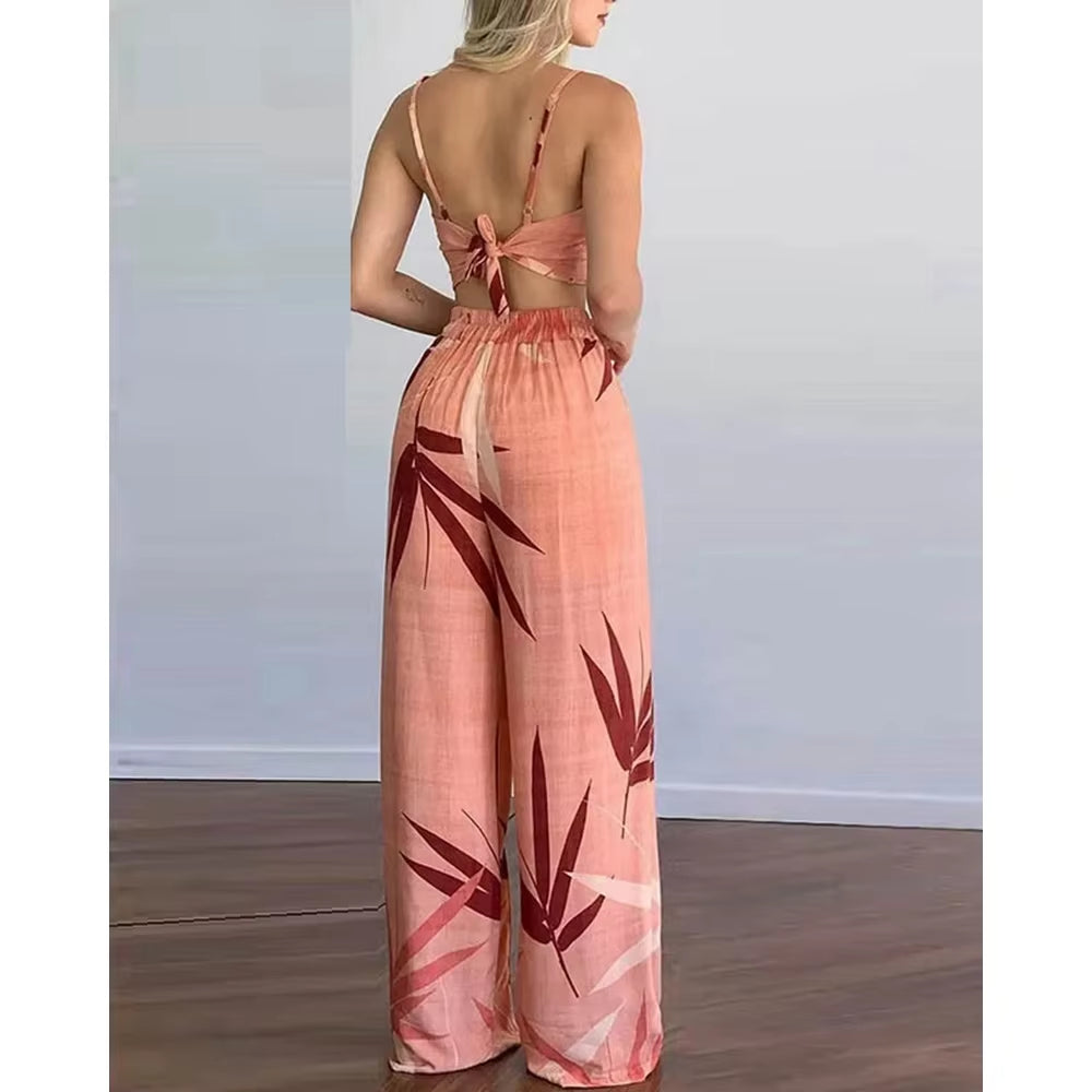 Summer Women Tropical Print Spaghetti Strap Casual Lace up Back Top &High Waist Pants Set 2 Pieces Suit Sets 2023 Woman Clothing