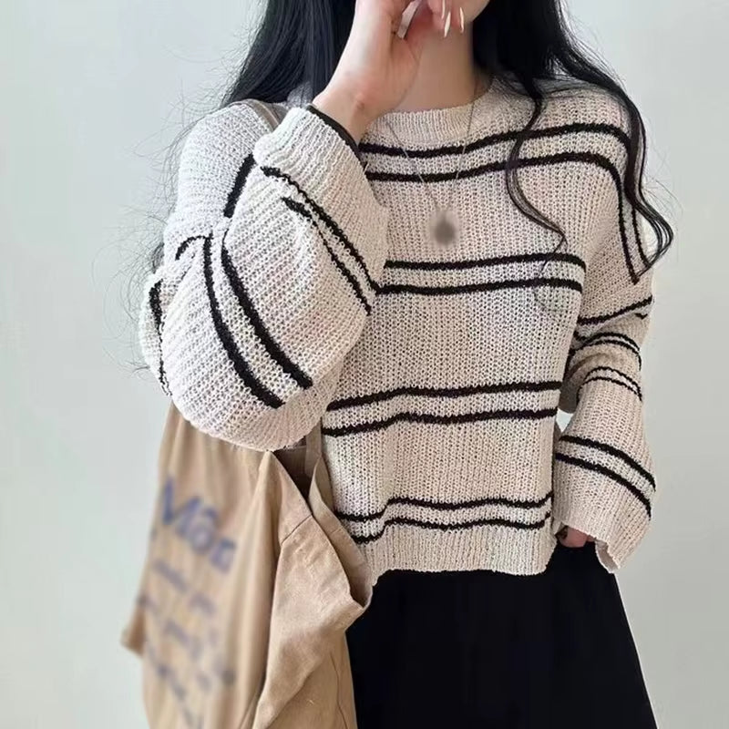 Women'S Sun Protection Clothing Tops round Neck Sweaters Striped Long Sleeved Hollowed Out Sun Protection