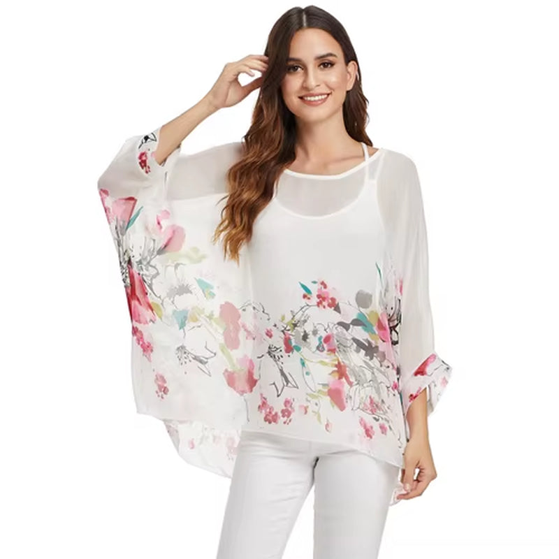 White Blouse Shirt Women Fashion Batwing Casual Summer Tops Tees Ladies Print Chiffon Blouses Streetwear plus Size