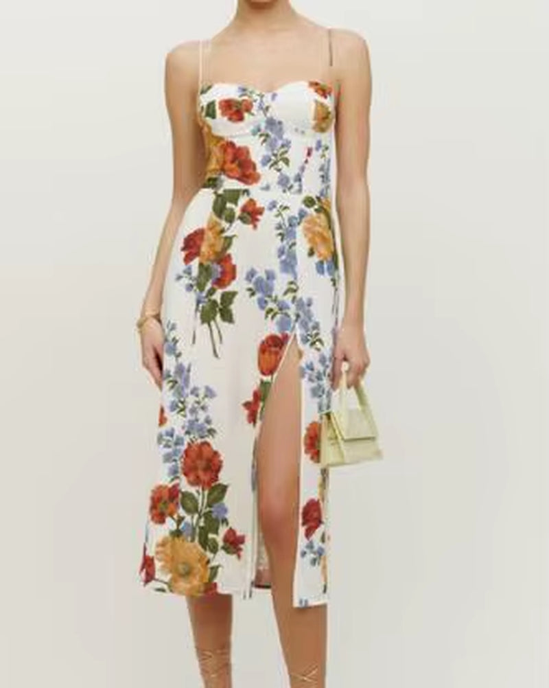 2025 Women Summer Spaghetti Strap Midi Dressweanavy Floral Print Dres Sexy Split Vestidos Global