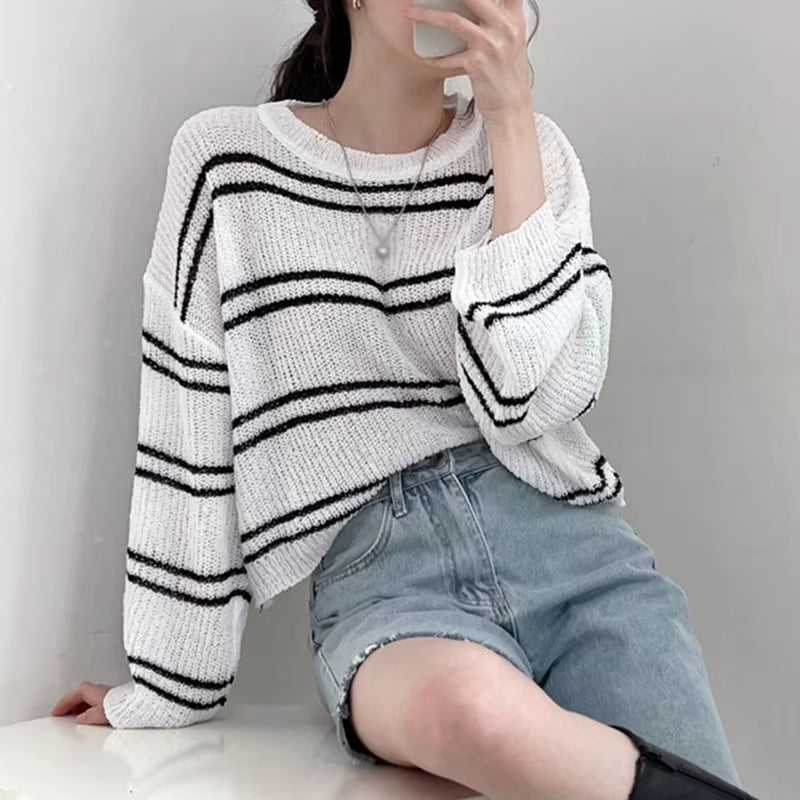 Women'S Sun Protection Clothing Tops round Neck Sweaters Striped Long Sleeved Hollowed Out Sun Protection