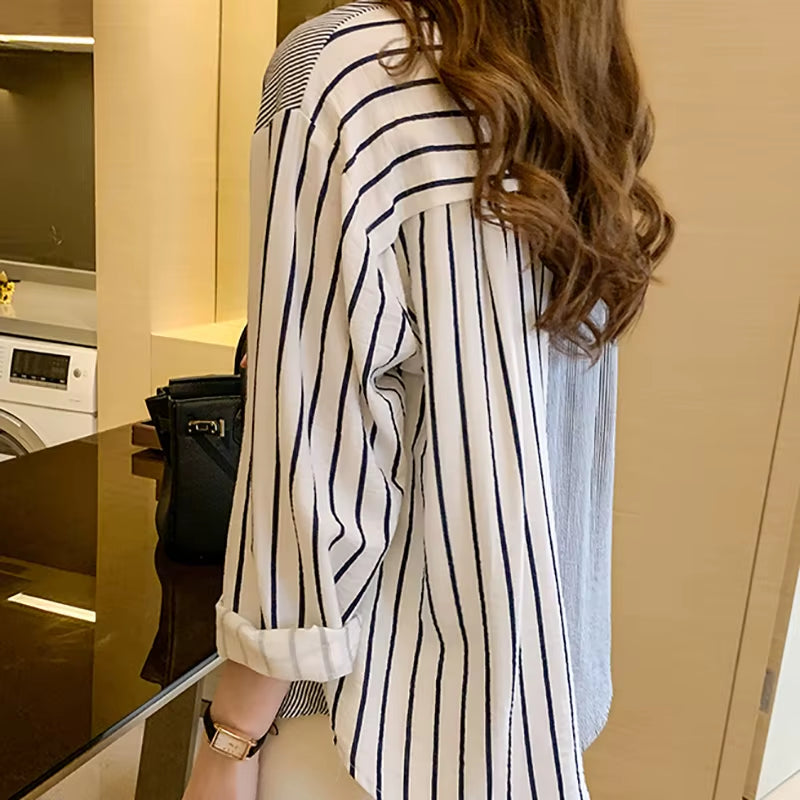Striped Casual Pockets Long Sleeve Shirt Women Cotton Blouse Ladies Clothes 2022 Button Womens Tops Chemisier Femme