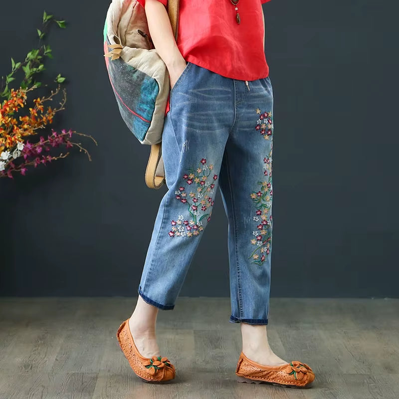 Baggy Jeans Women High Waist plus Size Mom Ladies Jeans Trousers Denim Embroidery Loose Ankle Length Harem Pants Elastic Waist