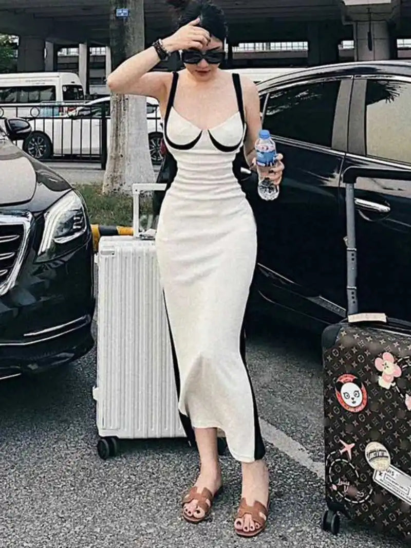 Women'S Color Blocking Summer Dress, Spaghetti Straps, Bodycon, Sexy, Mid-Calf, Streetwear, Clothing